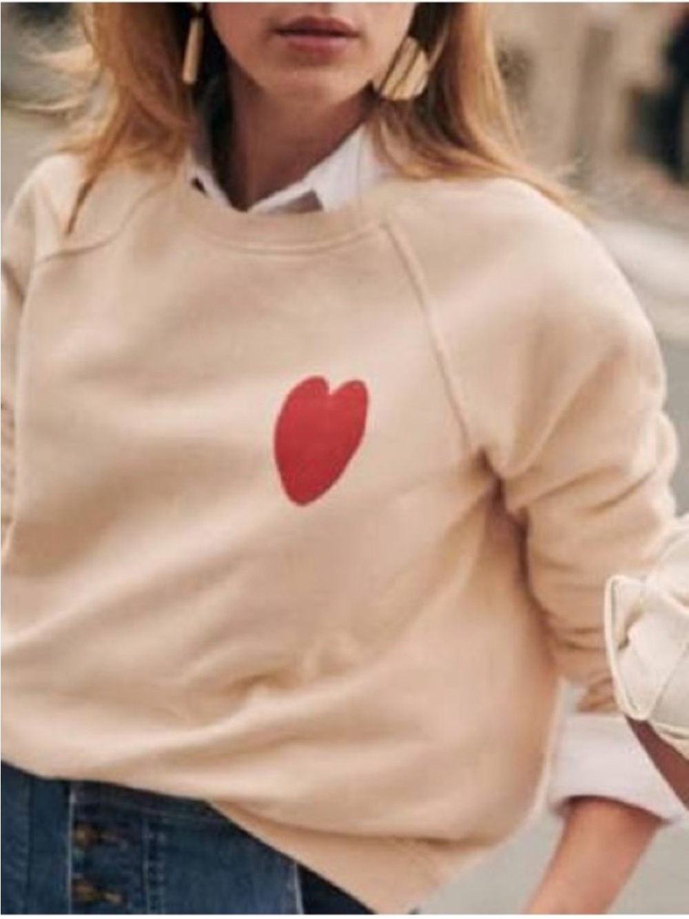 Sezane X Bobo Choses Beige Women's Heart Crewneck Sweater sz medium graphic